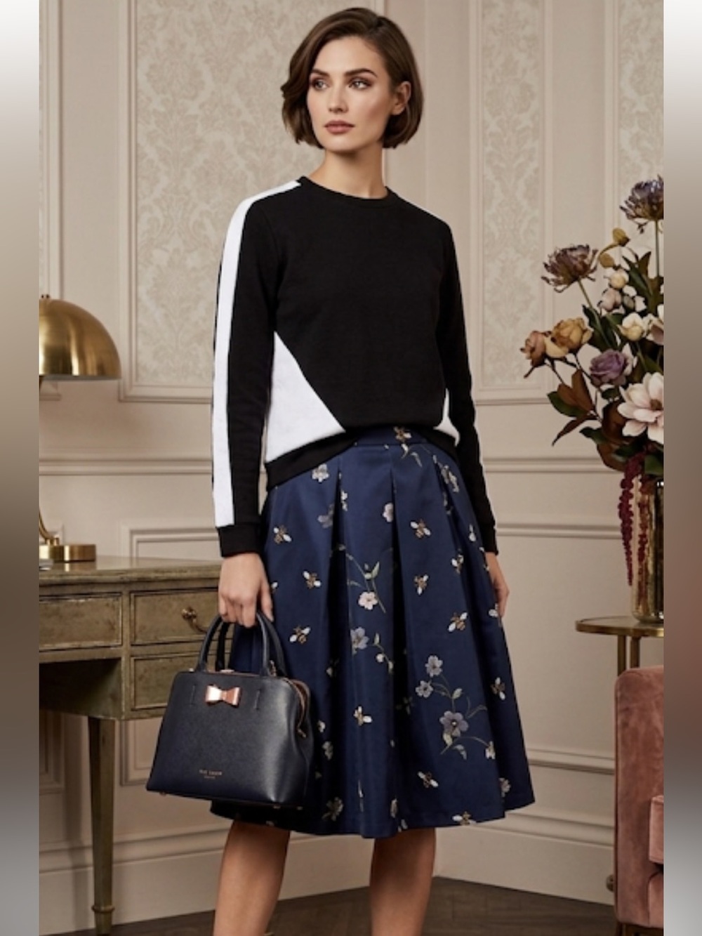 Ted Baker London Black Crewneck Sweater with White Geometric Panels